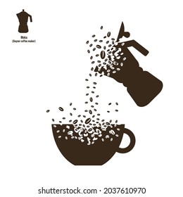 The shape of the geyser coffee maker and the cup dissolve into a cloud of coffee beans. The coffee beans are poured from the geyser into the cup. Destruction effect. Dispersion.