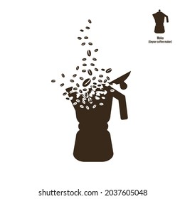 The shape of a geyser coffee maker dissolves into a cloud of coffee beans. The coffee beans rise up like steam. Destruction effect. Dispersion.