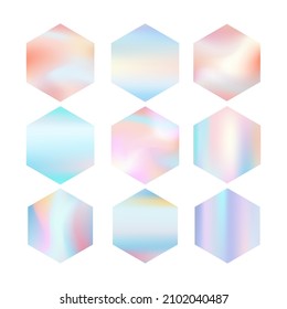 Shape gradient hexagons in pastel holographic colors. Modern elements for background, postcards, discounts, your text or any design. Vector illustration.