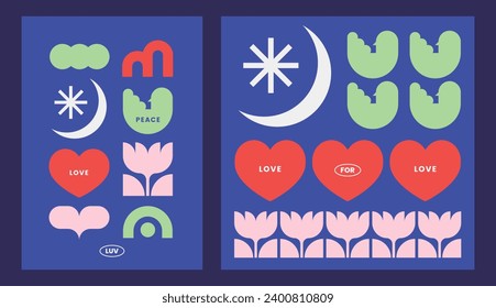 GestaltGrafiken lieben Vogelblütenmoon Star NaturTapete-Poster abstrakte Elemente Farbe Natur-Kunstwerk Design-Rahmen floraler Tulpe Herz Tinkle trendy y2k Banner-Patch-Cartoon-Bild 