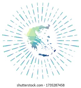 Shape of Greece with a polygonal sunburst design. A map of the country with colorful star rays in a digital, technology-inspired style. Vector illustration.