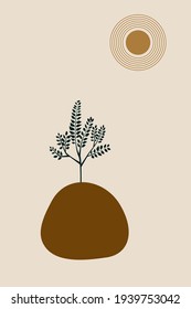 Shape Green Boho Leaf Plant Sun Minimalist Printed Wall Art Geometric Abstract Print Bohemian Art work, vector crescent, poster vintage illustration.