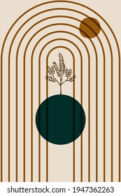 Form Green Boho Leaf Plant Sun Minimalist gedruckte Wand Art geometrische abstrakte Print Böhmische Kunst, Vektorgrafik Crescent, Poster Vintage Illustration.