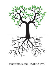 Shape of Green Tree with Leaves and Roots. Vector outline Illustration. Plant in Garden.