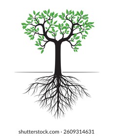 Shape of Green Tree with Leaves and Roots. Vector outline Illustration. Plant in Garden.