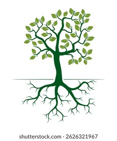 Shape of Green Tree with Leaves and Roots. Vector outline Illustration. Plant in Garden.