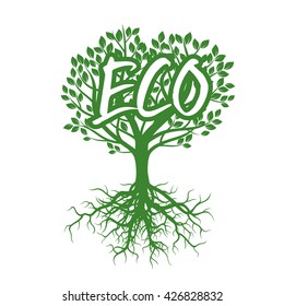 Shape of green Tree, Roots and ECO. Vector Illustration.
