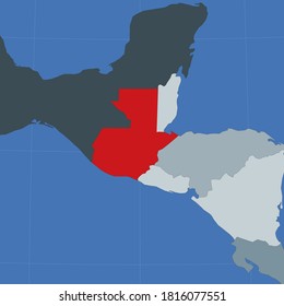 Shape of Guatemala in context of neighbor countries. Country highlighted with red color on world map. Guatemala map template. Vector illustration.