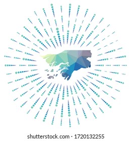 Shape of Guinea-Bissau, polygonal sunburst. Map of the country with colorful star rays. Guinea-Bissau illustration in digital, technology, internet, network style. Vector illustration.