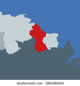 Shape of the Guyana in context of neighbour countries. Country highlighted with red color on world map. Guyana map template. Vector illustration.