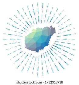 Shape of Hainan, polygonal sunburst. Map of the island with colorful star rays. Hainan illustration in digital, technology, internet, network style. Vector illustration.