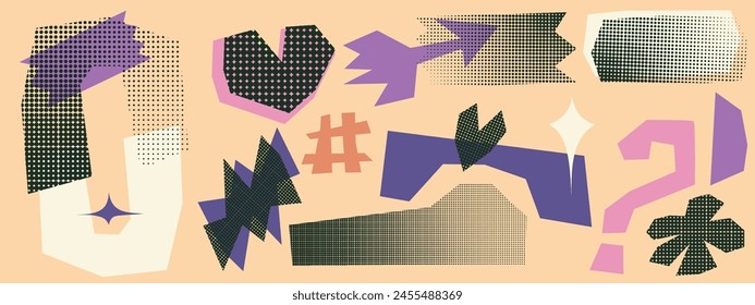 Shape halftone playful form. Retro y2k design with abstract shape heart, arrow and star. Geometry pop bold figure in collage. Vector illustration