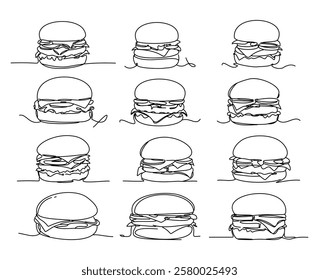 The shape of the hamburgers is drawn minimally with a single continuous line. A large collection. A stylish design combined with art on a white background.