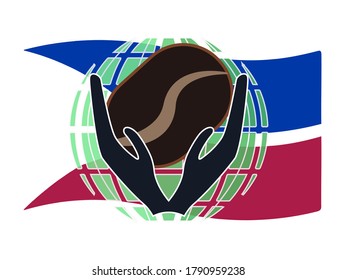 The shape of a hand carrying coffee beans in front of the globe depicts World Coffee Day which is celebrated in several countries such as Japan, Philippines, Costa Rica, Taiwan, Germany and Sri Lanka