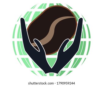 The shape of a hand carrying coffee beans in front of the globe depicts World Coffee Day which is celebrated in several countries such as Japan, Philippines, Costa Rica, Taiwan, Germany and Sri Lanka