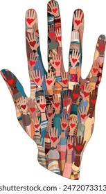 Shape of a hand containing many raised hands of volunteer multicultural people holding a heart.Charity and solidarity donation. Community of volunteers. Voluntary concept. NGO. Aid