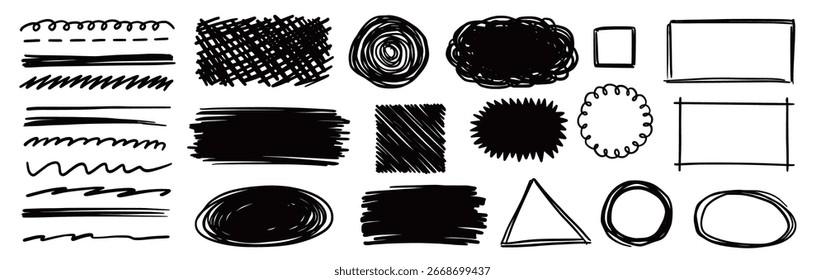 Forma conjunto dibujado a mano. Diseño de forma de grunge con línea de garabato dibujada a mano, marco de trazo de pincel áspero y forma de boceto de lápiz. Círculo, marco rectangular y textura de subrayado. Ilustración vectorial