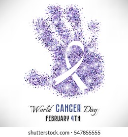 Forma de la mano de brillantez espliego lavanda con cinta en el interior sobre fondo blanco. Día Mundial del Cáncer el 4 de febrero. Ilustración del vector