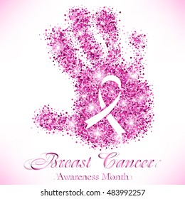 Shape of hand from pink shiny glitter with ribbon inside on white background. National Breast Cancer Awareness Month. Vector illustration