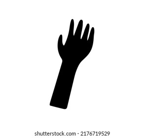 Shape of hand raised up in doodle modern style, contemporary art. Black monochrome abstract silhouette isolated on white background.
