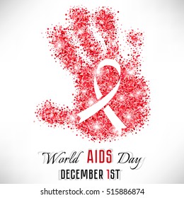 Forma de la mano de brillante brillo rojo con cinta en el interior sobre fondo blanco. Día mundial del SIDA el 1 de diciembre. Ilustración del vector