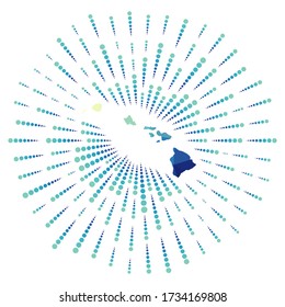 Forma de Hawai, explosión solar poligonal. Mapa de la isla con coloridos rayos estelares. Ilustración hawaiana en digital, tecnología, internet, estilo de red. Ilustración vectorial.
