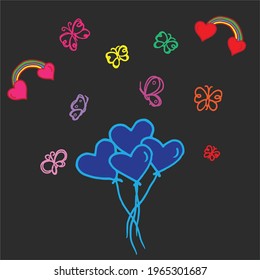 shape of heart balloon with rainbow and butterfly illustration isolated on dark background. hand drawn vector. doodle art for wallpaper, greeting, invitation, poster, banner. romantic background. 