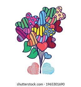 shape of heart balloons on white background. colorful balloons with heart pattern. hand drawn vector. doodle art for logo, label, greeting, poster, postcard, clipart, sticker. valentine background. 