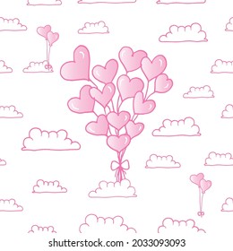 shape of heart balloons in the sky with cloud illustration on white background. pink color. romantic and cute. valentine's day background. hand drawn vector. doodle art for wallpaper, greeting card. 