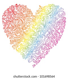 Shape of the heart, composed of a pattern of leaves and hearts, decorated with a rainbow.