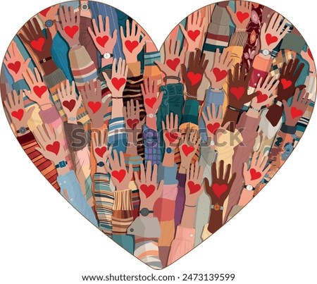 Shape of a heart containing many raised hands of volunteer multicultural people holding a heart.Charity and solidarity donation. Community of volunteers. Voluntary concept. NGO. Aid