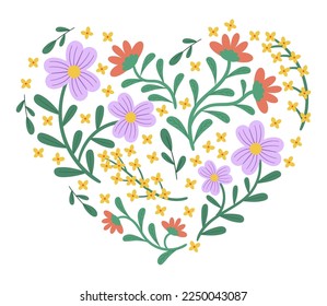 Shape of Heart Filled with Flowers, Spring Themed Graphic Design for Valentine Day Greeting Cards, Invitation. Cute Simple Style Bloom Blossoms Isolated on White Background Cartoon Vector Illustration