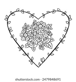 in the shape of a heart with flowers, bouquets of roses, forget-me-nots. Sketch outline vector illustration