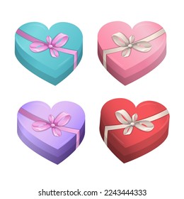 Forma de corazón. Cajas de regalo envueltas en papel y atadas con cinta de opciones como ilustración de dibujos animados de símbolos de vacaciones. Envolturas de regalo en cajas con decoración. Regalos de vacaciones en embalajes brillantes con arcos