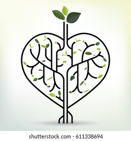 Shape heart with green leaf. Black outline vector illustration. Tree branches like the heart. Branches with leaves.