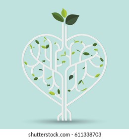 Shape heart with green leaf. Gray outline vector illustration. Tree branches like the heart. Branches with leaves.