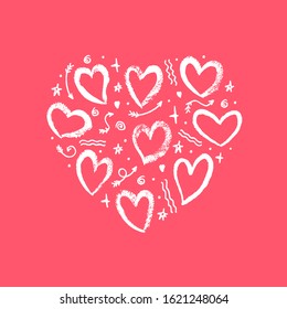 Shape of heart. Hand drawn hearts, stars and arrows. Vector illustration. For decoration Valentine's day. For greeting card, banners, web, decoration of the storefront, printing on textile, crockery.