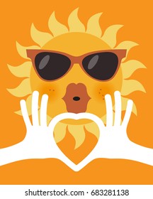 The shape of heart in human hands and cartoon  sun in glasses. Flat design pattern.  The file is saved in the version AI10 EPS. 