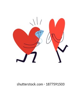 Сharacter in the shape of a heart kneels down and gives his beloved a ring with a huge diamond. The loving one is happy to accept the marriage proposal. Vector stock illustration on white background.