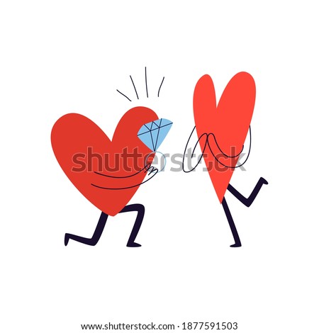 Сharacter in the shape of a heart kneels down and gives his beloved a ring with a huge diamond. The loving one is happy to accept the marriage proposal. Vector stock illustration on white background.