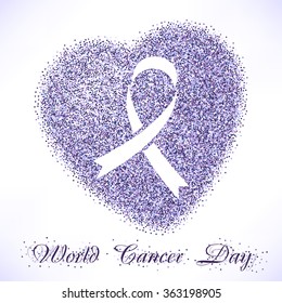 Forma del corazón de la plancha de lavanda con cinta en el interior. Día Mundial del Cáncer, 4 de febrero, aislado de fondo blanco. Ilustración del vector