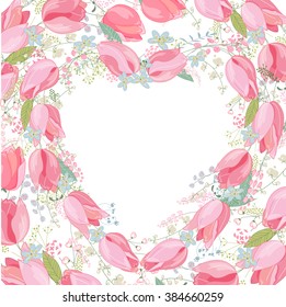 Shape heart made of stylized herbs and pink tulips.  Square greeting card, blank frame.  Flowers for romantic design,  wedding invitations, advertisement.