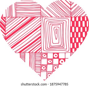 Formherz mit Ornament, Muster, Doodling, rosafarbene Farbe, Illustration für den Valentinstag, Liebe