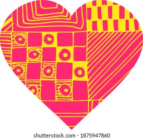 shape heart with ornament, pattern, doodling, pink and yellow color, illustration for St. Valentine's Day, love