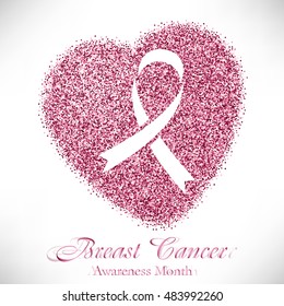 Shape of heart from pink glitter with ribbon inside. Breast Cancer awareness month on white background. Vector illustration