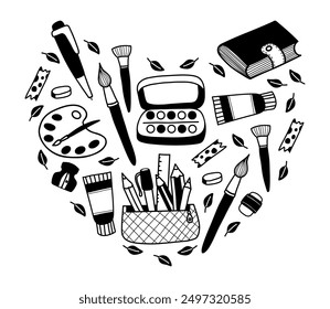 Shape heart with stationery and art supplies, hobby items in hand drawn doodle style. Paints, brushes, eraser, books, palette and pencil case. Back to school design. Vector illustration .