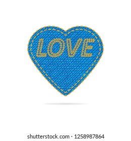 The shape of the heart with the texture of blue jeans and embroidered the word "Love" with an orange thread.