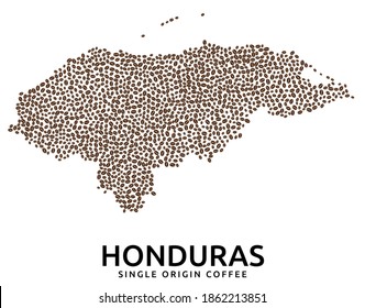 Shape of Honduras map made of scattered coffee beans, country name below