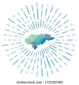 Shape of Honduras, polygonal sunburst. Map of the country with colorful star rays. Honduras illustration in digital, technology, internet, network style. Vector illustration.