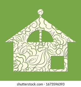 The Shape of house from a hand-drawn flower pattern. Vector flat house illustration minimalist style. Wide Romanesque house in a floral pattern. EPS 10